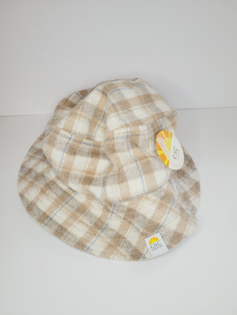 NWT C &C California Wide Brim Bucket Hat White Brown Tan Cozy Textured Fabric